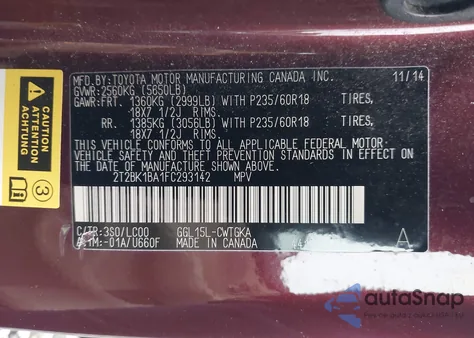 2015 Lexus Rx 350 from USA, damaged, VIN 2T2BK1BA1FC293142